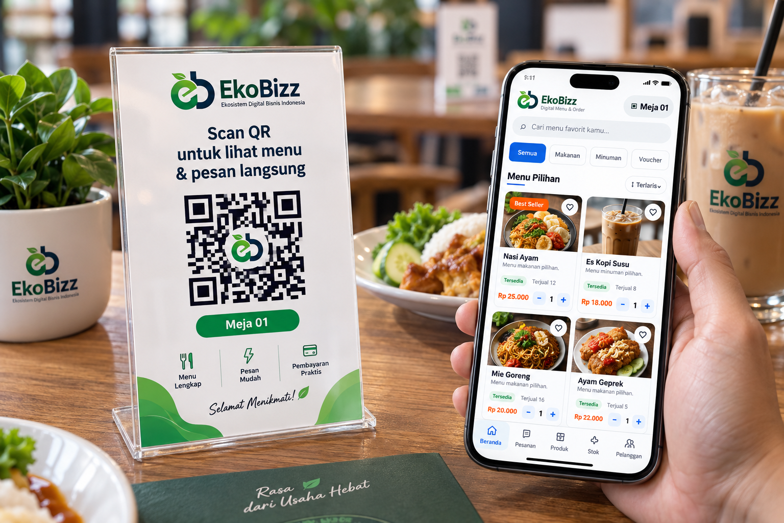 QR Order EkoBizz di meja dan tampilan menu